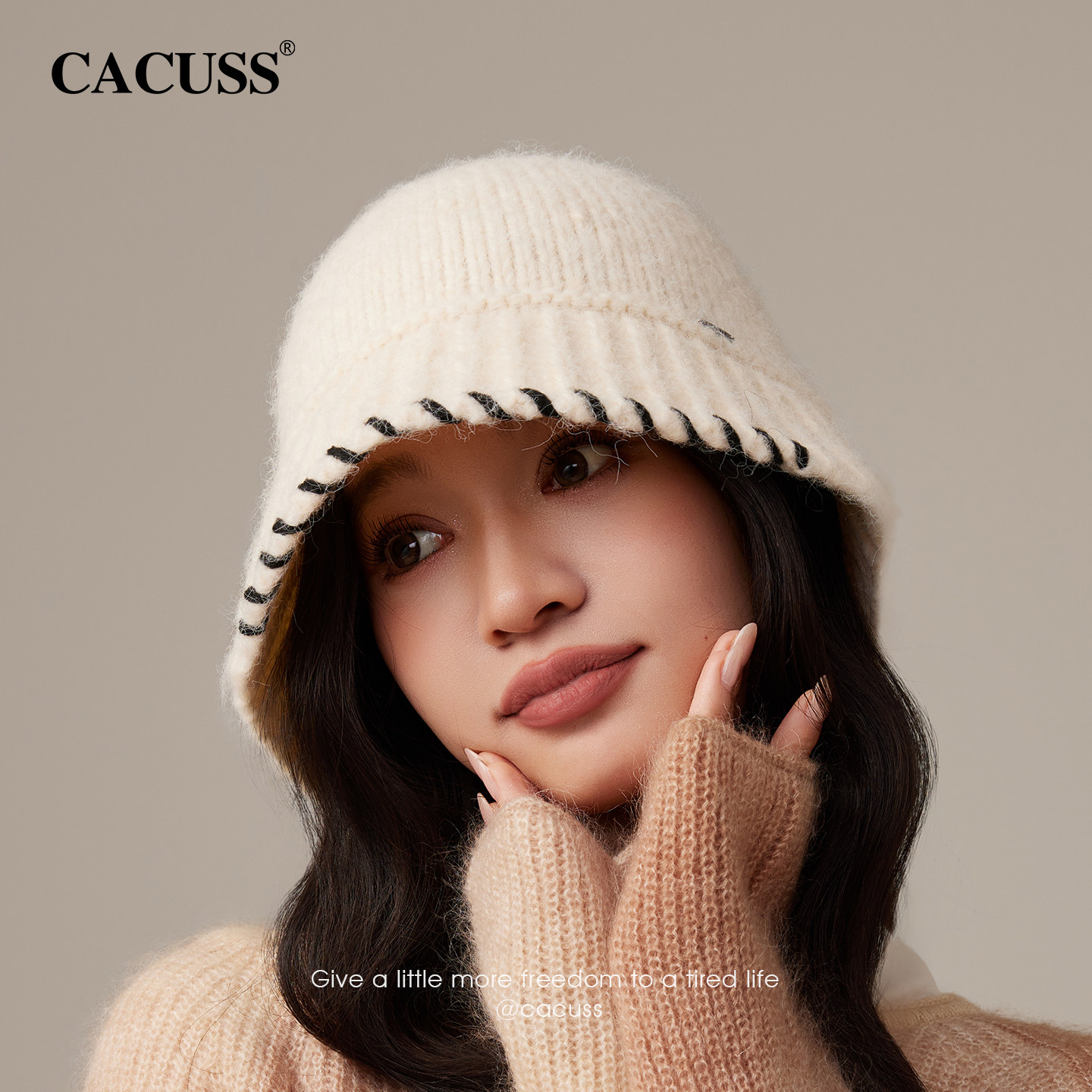 CACUSS帽子女秋冬新款渔夫帽保暖毛线帽氛围感针织帽显脸小盆帽潮,淘宝优惠券,粉丝福利购,淘宝优惠卷