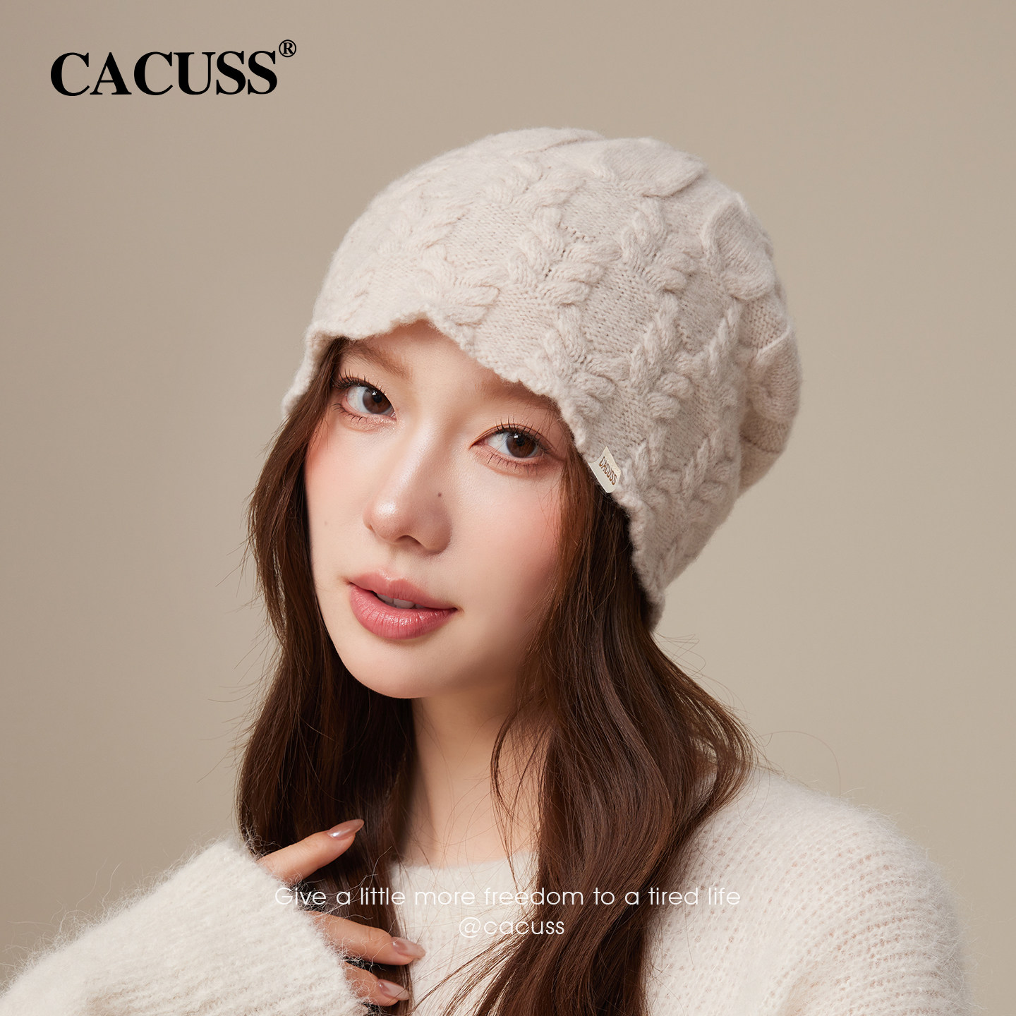 CACUSS纯羊毛帽子女士冬季绞花针织帽保暖显脸小毛线帽护耳堆堆帽,淘宝优惠券,粉丝福利购,淘宝优惠卷