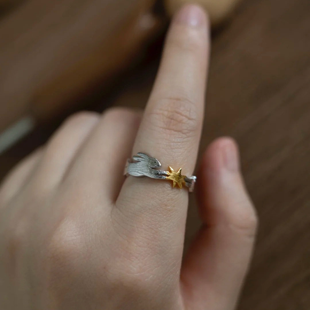 PURE星月兔子戒指女唐风敦煌纹样拉丝镀18k金新中式开口食指戒指,淘宝优惠券,粉丝福利购,淘宝优惠卷