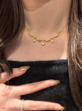 PURE裙边珍珠流苏吊坠项链女镀金复古轻奢精致在逃公主风锁骨链