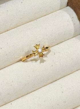 法式复古十字花戒指女带钻尾戒