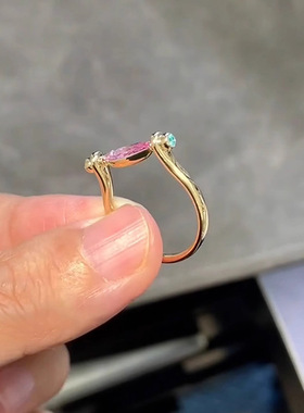 PURE粉色马眼闪钻戒指女新款小众设计轻奢感马蹄型戒指开口食指戒