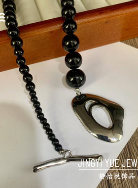 于家明同款朋克风黑玛瑙珠串项链黄铜锁骨链中古首饰项链女