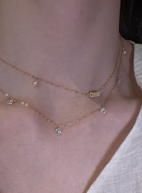 S925纯银镀金水滴锆石圈圈跑环项链女小众高级感超细碎钻锁骨链