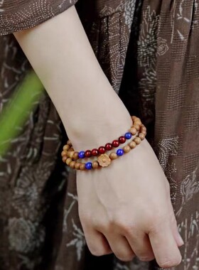 情侣檀香木紫檀青金石双圈手串