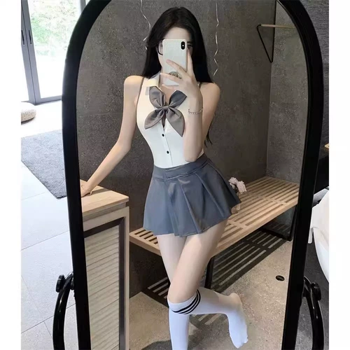 Студенческая юбка в складку, сексуальный летний костюм, корсет, рубашка, комплект