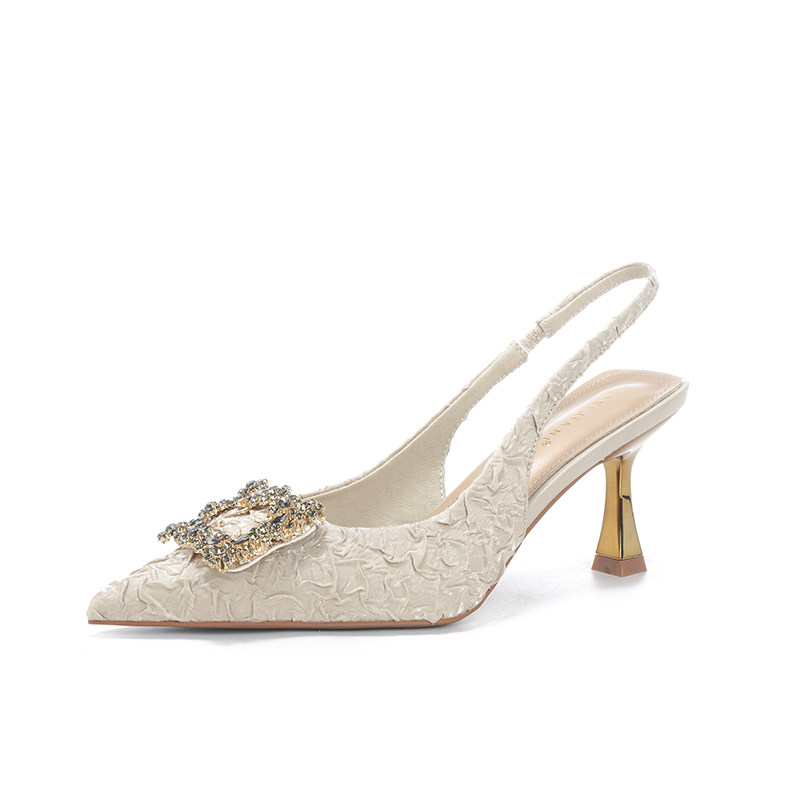 2026春新法式绸缎褶皱方扣尖头细跟高跟单鞋女一字带气质包头凉鞋,淘宝优惠券,粉丝福利购,淘宝优惠卷