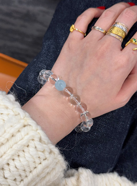 静影沉璧 黄打屁增信心思辨舒缓海蓝宝天然白水晶清新平衡静手串
