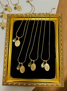 光涌入 黄打屁原创设计不褪色复古绿泪滴古币质感小众闪项链叠戴