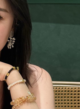 招财牌 天然黄水晶黄塔晶冰透转运珠双圈闪纳福叠戴925银手链手串