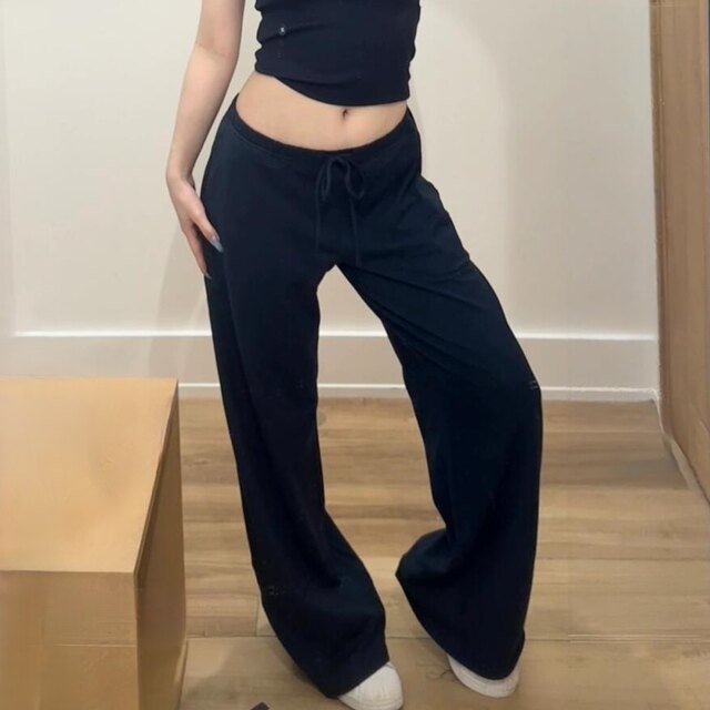 Little Seagull Striped Sports Wide Leg Pants Women's 2026 Spring and Summer Low Waist Loose Drawstring Straight Casual Long Guard Pants