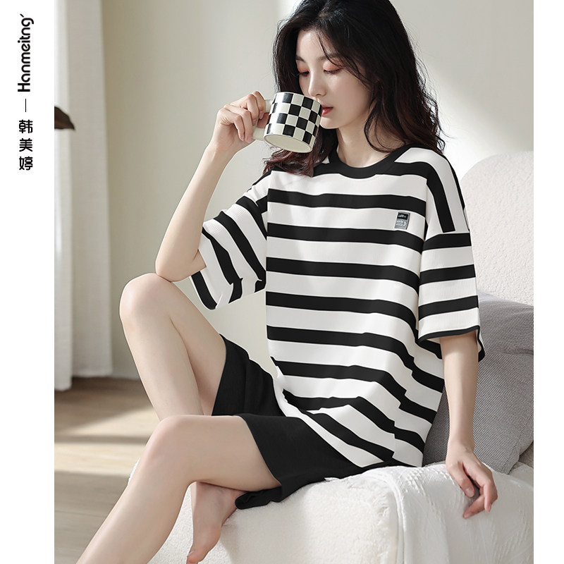夏季短袖短裤家居服条纹纯棉睡衣 韩美婷睡衣/家居服套装