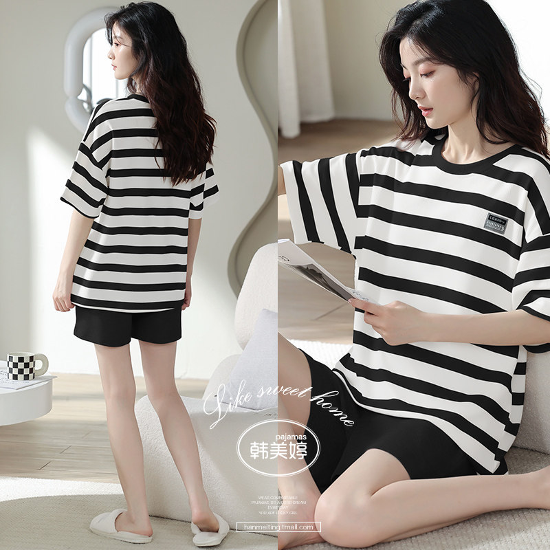 夏季短袖短裤家居服条纹纯棉睡衣 韩美婷睡衣/家居服套装