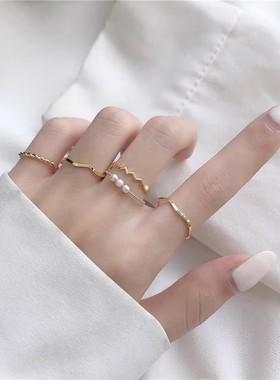 戒指女日韩简约ins珍珠波浪形组合戒指五件套个性指环网红尾戒