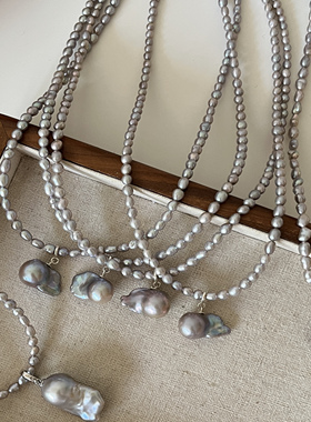 纯银真多麻灰天然大巴珍珠项链