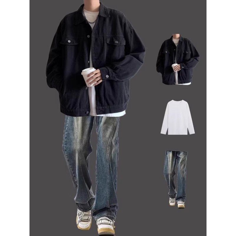 休闲搭配潮牌痞帅男牛仔宽松春秋季高街外套一套套装潮流夹克男装,淘宝优惠券,粉丝福利购,淘宝优惠卷