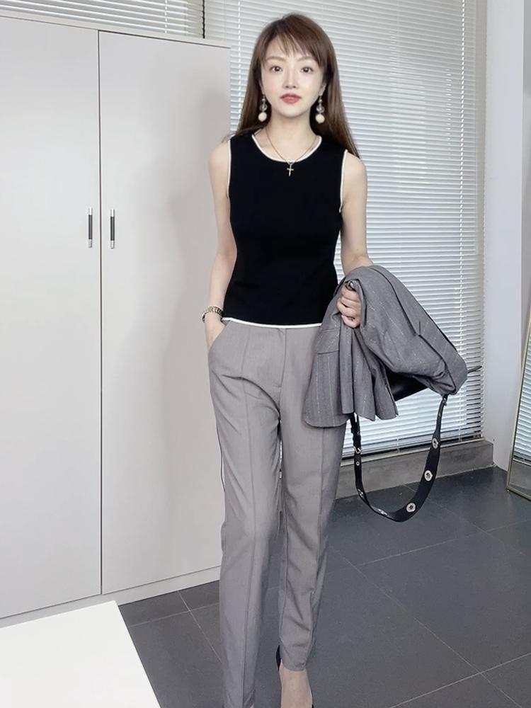 有帆-叠穿小物！日常通勤百搭绵羊毛拼色针织背心圆领无袖背心上 - 图0