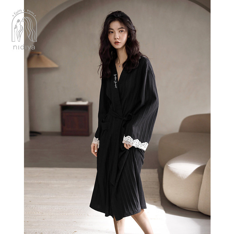 妮狄娅睡裙女士春秋季纯棉睡袍长袖款简约条纹蕾丝花边家居服套装,淘宝优惠券,粉丝福利购,淘宝优惠卷