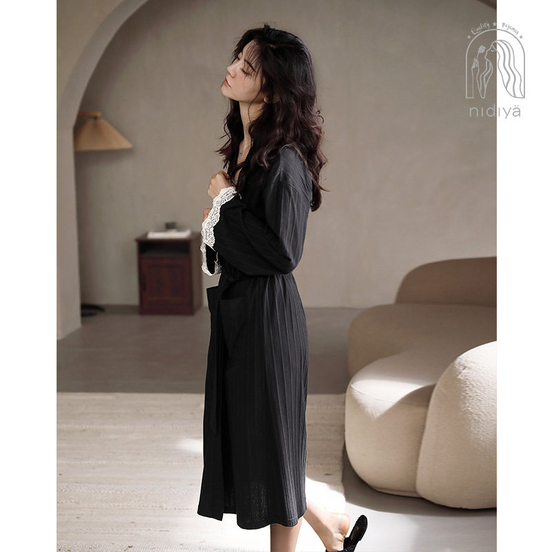 妮狄娅睡裙女士春秋季纯棉睡袍长袖款简约条纹蕾丝花边家居服套装,淘宝优惠券,粉丝福利购,淘宝优惠卷