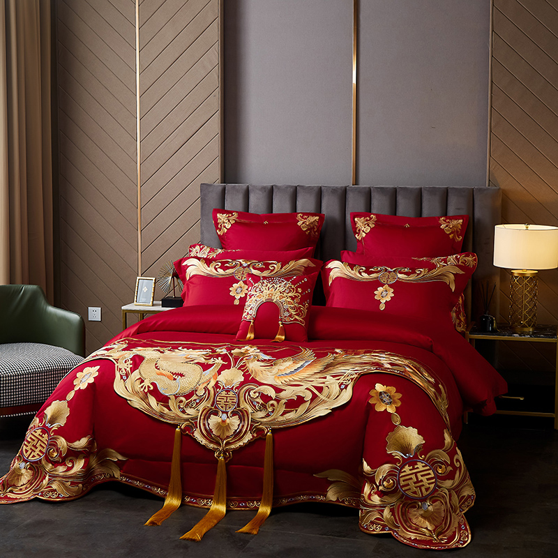 龙凤婚庆四件套结婚纯棉全棉大红色高级感刺绣喜被高端床品十件套,淘宝优惠券,粉丝福利购,淘宝优惠卷