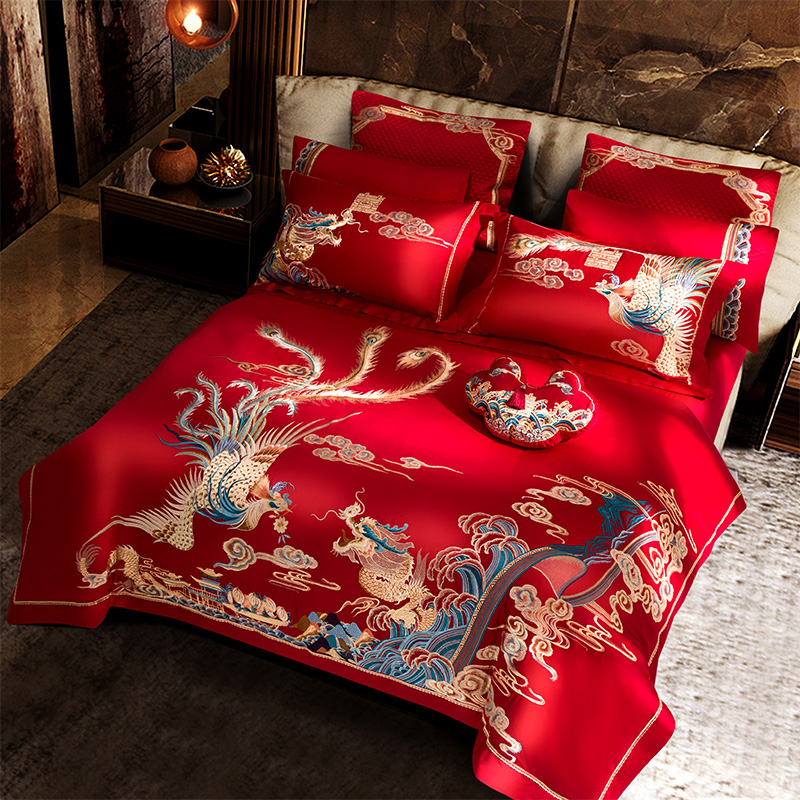 思辰家纺结婚四件套床上用品全棉纯棉高端龙凤喜被大红色婚庆被套