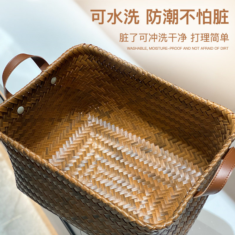 美式高级收纳筐脏衣服篮仿藤编pu把手卧室零食桶玩具网红款脏衣篓