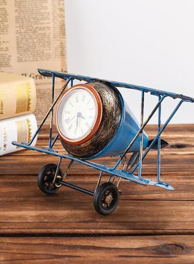 金属铁艺飞机钟表模型桌面复古时钟摄影道具摆件办公桌面装饰摆件