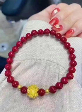 沙金莲花金珠玛瑙手链黄铜镀金