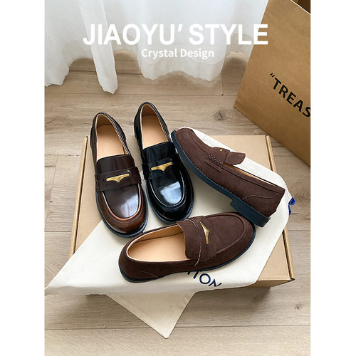 真皮~骄屿复古一脚蹬乐福鞋女厚底粗跟圆头单鞋百搭英伦风小皮鞋 - 图2