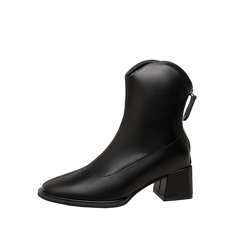 真皮~骄屿法式高跟靴2024秋冬新款短靴超火白色方头v口粗跟瘦瘦靴 - 图3