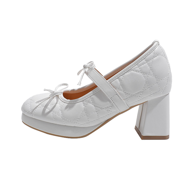 真皮~骄屿小香风绝美高跟鞋蝴蝶结菱格浅口玛丽珍鞋法式复古单鞋