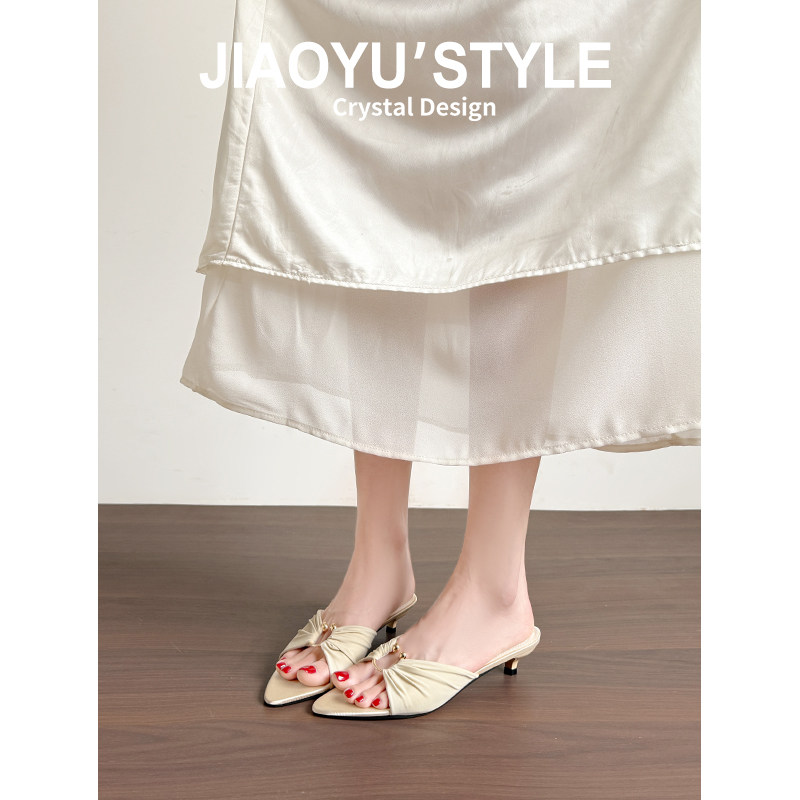 真皮~骄屿高跟凉鞋气质名媛尖头一字拖鞋女夏外穿配裙子细跟凉拖