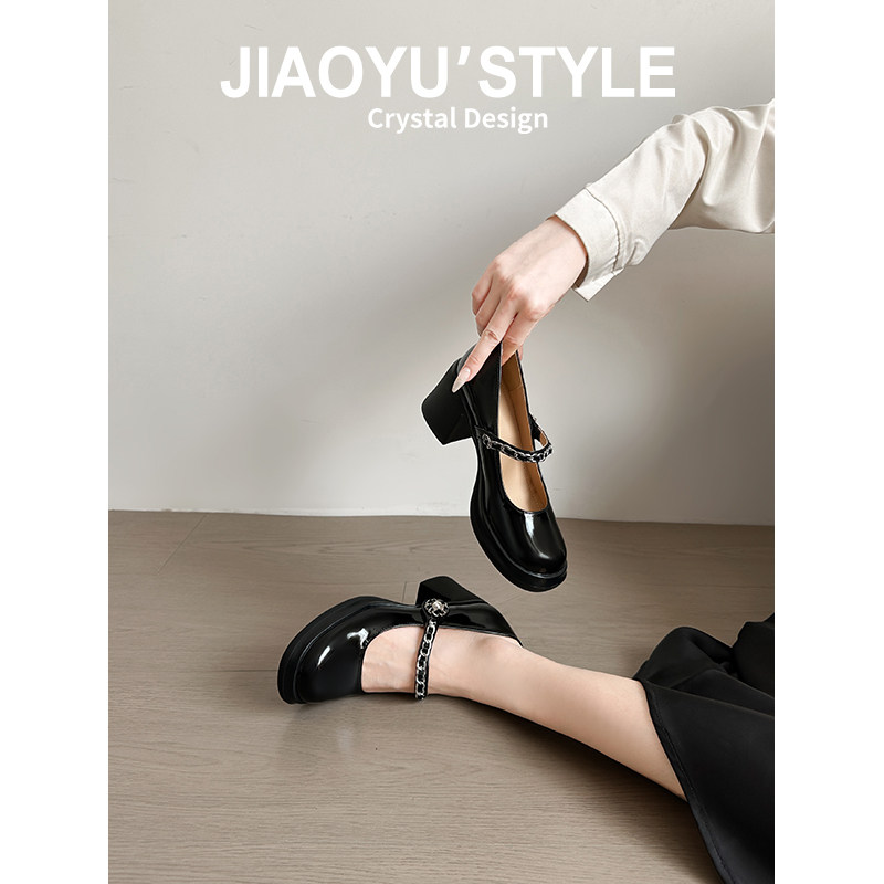 真皮~骄屿法式小香风链条玛丽珍鞋女白色浅口百搭厚底粗高跟单鞋