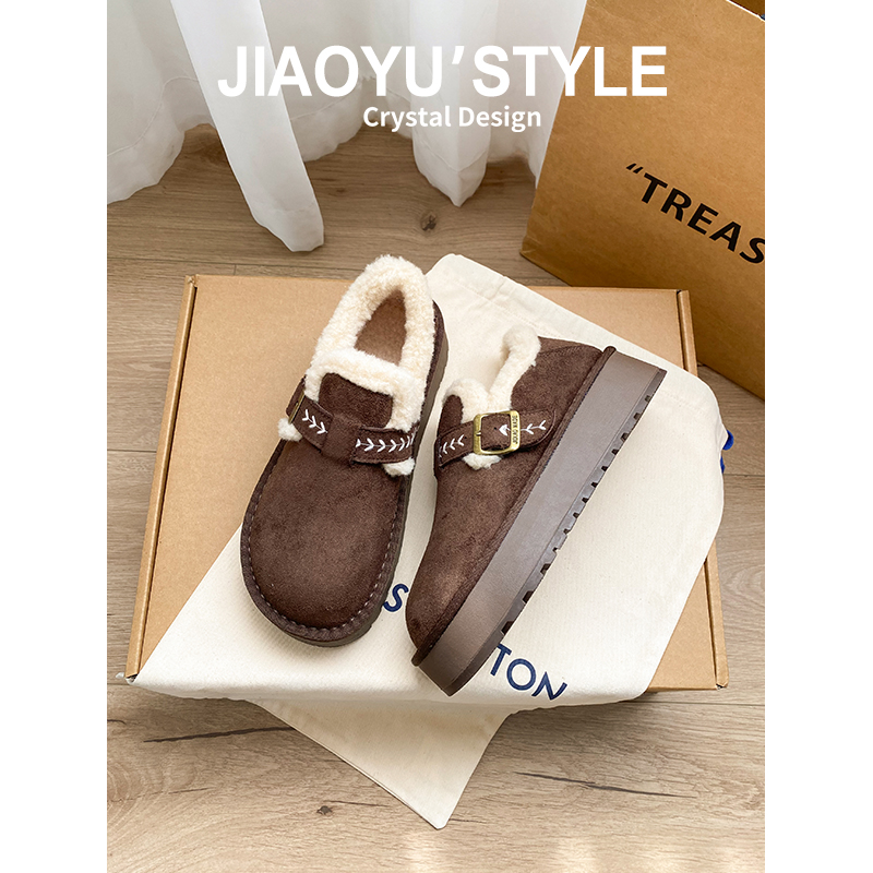 真皮~骄屿加绒勃肯鞋全包毛毛棉鞋女2025冬季爆款复古通勤雪地靴 - 图1