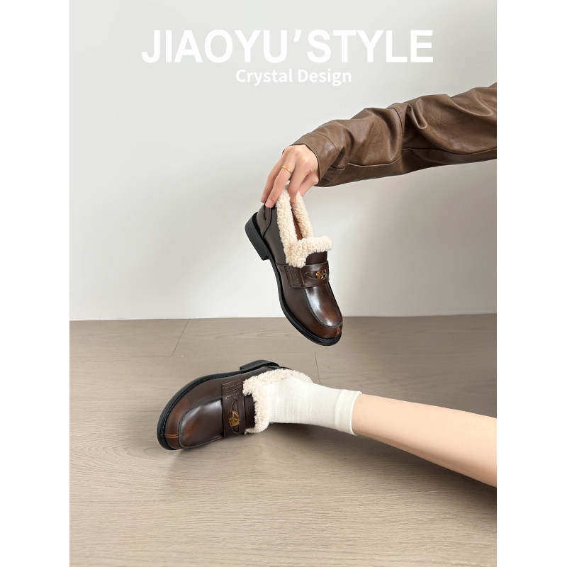 真皮~骄屿棕色乐福鞋女2025新款复古小金币小皮鞋内增高法式单鞋