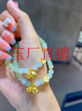 高端新疆和田玉晴水渐变色圆珠手链搭配古法银两世欢原创单圈手串