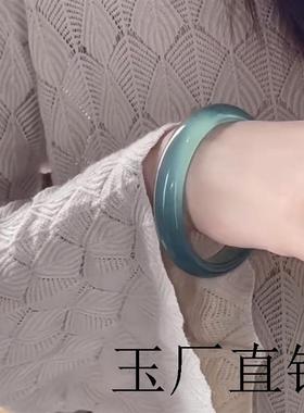 岫玉圆条手镯少女感冰种青白玉髓冰种透润浅绿色玉镯天青色油青镯