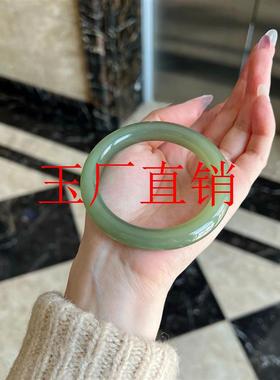 新疆和田玉晴水手镯湖水绿冰种细圆条时尚青白玉茶色复古女款玉镯