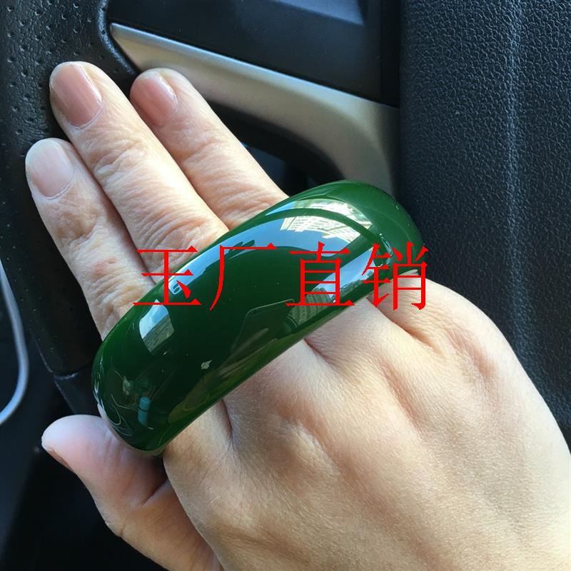 俄罗斯碧玉新坑料和田玉碧玉宽版轮胎手镯加厚菠菜绿高级感玉镯子