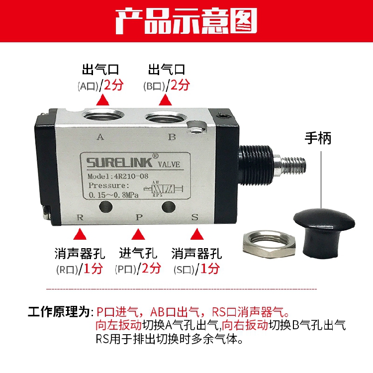 气动拉手阀4R210-08二位五通气控换向阀 推拉气缸控制开关替4L210 - 图2