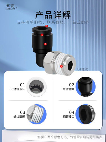 索菱气动迷你圆形快插接头PC4/6-M5/M4/M3/M6螺纹直通接头PL弯通 - 图1