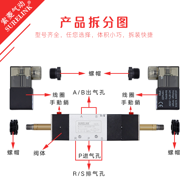 气动电磁控制阀24v电磁换向阀中压型4V230P-08/130/330/430加压型 - 图1