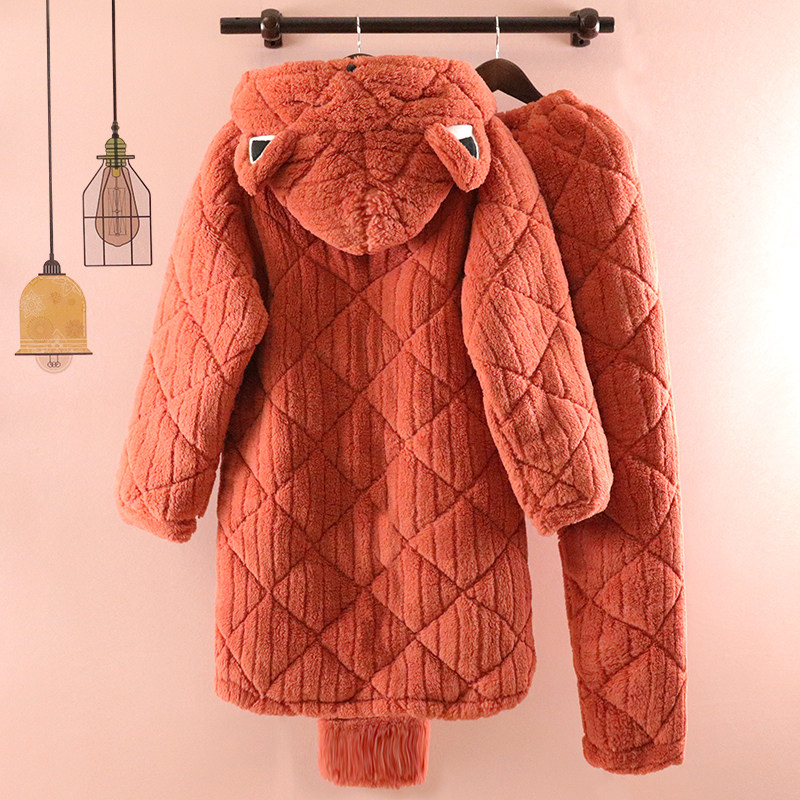 睡衣女冬季三层加厚夹棉法兰绒中长款连帽保暖纯色甜美家居服套装,淘宝优惠券,粉丝福利购,淘宝优惠卷