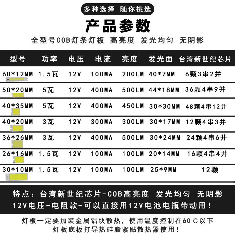 12v灯led灯条cob高亮1w2w3w5w长方形 12伏电池电瓶改造光源led灯,淘宝优惠券,粉丝福利购,淘宝优惠卷