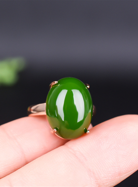 天然和田玉碧玉戒指 925银镶嵌玉戒指菠菜绿女款玉指环活口可调节