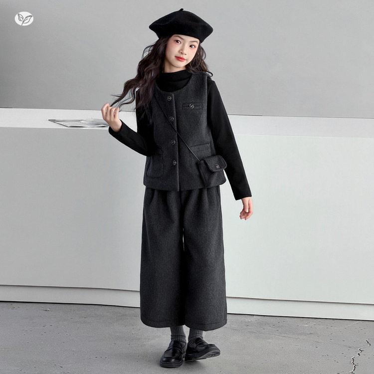 女童毛呢套装2025年秋冬新款韩系马甲阔腿裤三件套中大童时髦冬装,淘宝优惠券,粉丝福利购,淘宝优惠卷
