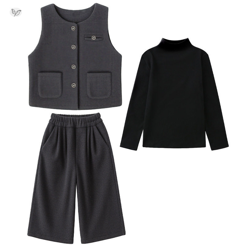女童毛呢套装2025年秋冬新款韩系马甲阔腿裤三件套中大童时髦冬装,淘宝优惠券,粉丝福利购,淘宝优惠卷