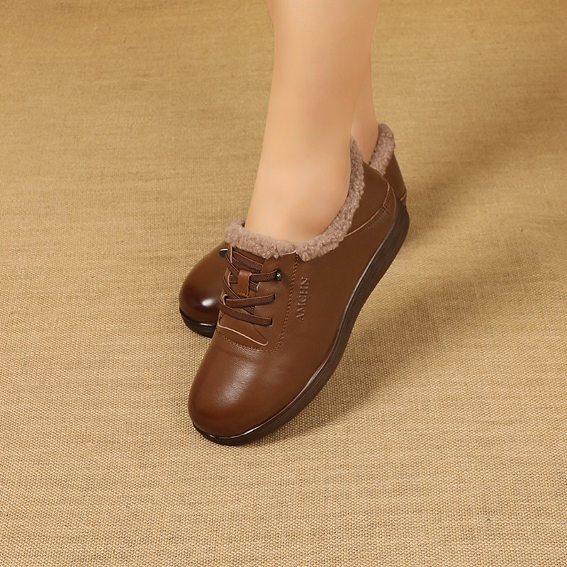 羊羔绒妈妈棉鞋平底防滑冬季皮鞋女真皮中老年人加绒保暖毛毛鞋,淘宝优惠券,粉丝福利购,淘宝优惠卷