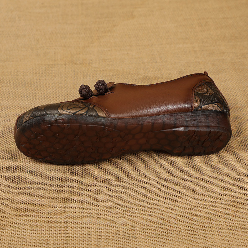 民族风深口圆头春秋单鞋复古休闲全牛皮妈妈鞋中老年平底防滑皮鞋,淘宝优惠券,粉丝福利购,淘宝优惠卷