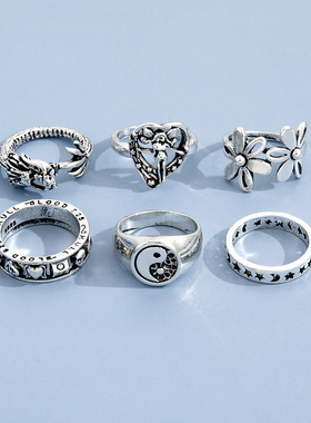 个性复古蝴蝶花朵阴阳戒指